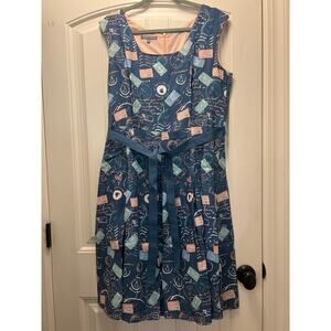 Laura Ashley Women’s Postcard Print Square Neck Tie Belt Dress Size 12 Blue Pink